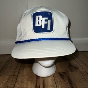 Vintage BFI Rope Strap back Hat Cap Waste Disposal White Blue Trucker Hat USA